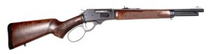 Lever-action rifle with wooden stock on white background