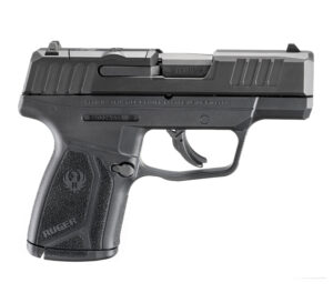 Black 9mm semi-automatic pistol on white background
