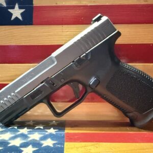 Handgun displayed against American flag background