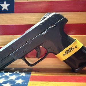 Black Ruger handgun on American flag background