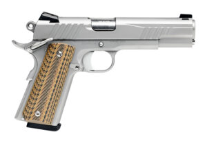 Silver 1911-style semi-automatic pistol with wooden grips