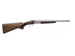 Over-under shotgun with wooden stock and silver barrel