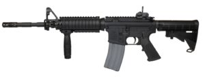 Black AR-15 style rifle on white background