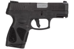 Black semi-automatic handgun on white background