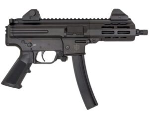 Compact black submachine gun with curved magazine
