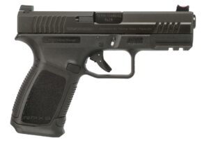 Black semi-automatic handgun on white background