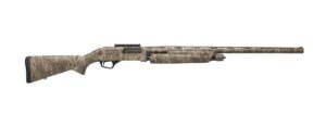 Camouflage pump-action shotgun on white background
