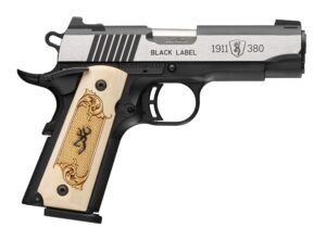 Browning 1911-380 Black Label handgun with engraved grip