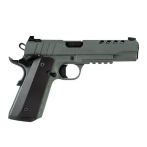 Green and black semi-automatic handgun on white background