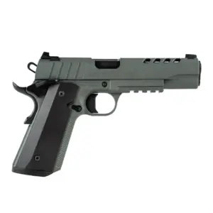 Gray semi-automatic pistol on white background