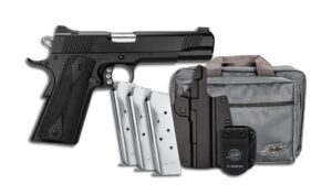 1911-style handgun with magazines, holster, and range bag