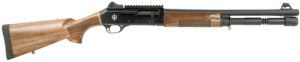 Pump-action shotgun with wooden stock and fore-end