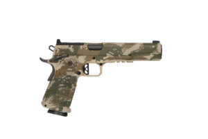 Camouflage-patterned semi-automatic handgun on white background