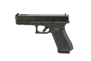 Black semi-automatic handgun on white background