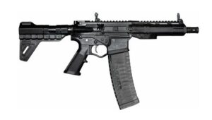 Black semi-automatic rifle on white background