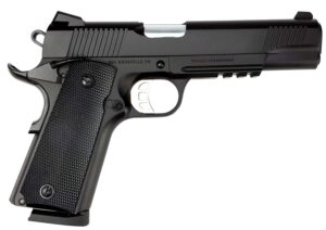 Black semi-automatic pistol on white background