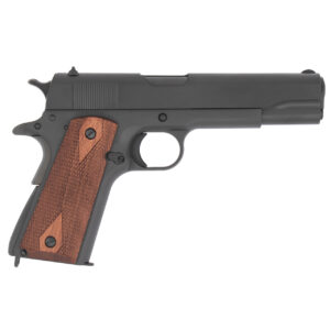 Side view of semi-automatic pistol with wooden grip