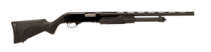 Black semi-automatic shotgun with synthetic stock on white background