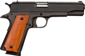 Close-up of black semi-automatic pistol with wooden grip