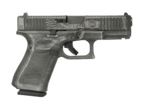 Black engraved semi-automatic pistol on white background