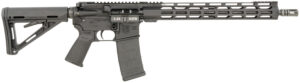 Black AR-style rifle with long ventilated handguard