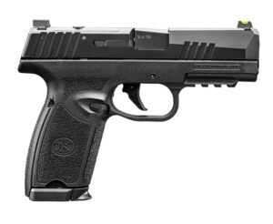 Black semi-automatic handgun with green front sight