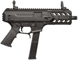 Black tactical-style firearm with extended magazine on white background