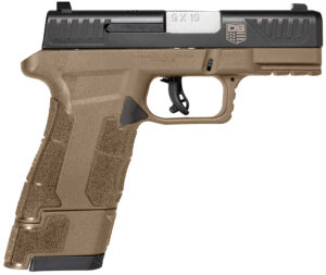 Tan and black semi-automatic pistol in side view