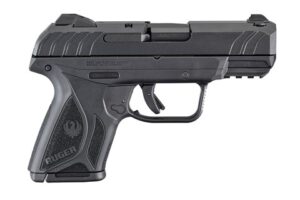 Black Ruger semi-automatic handgun on white background