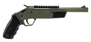 Olive green pistol with black grip and rail