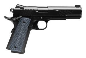 Close-up of black 1911-style pistol with textured grip