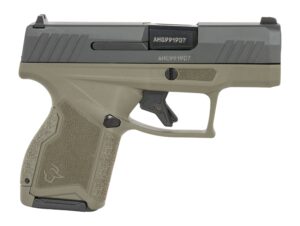 Olive green semi-automatic pistol shown in side profile
