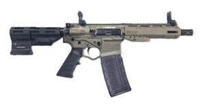 Compact tan tactical rifle with black folding stock