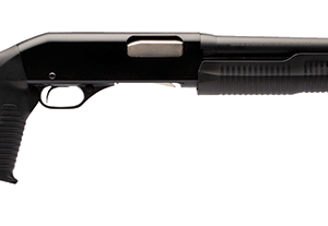 Black pump-action shotgun with pistol-grip stock