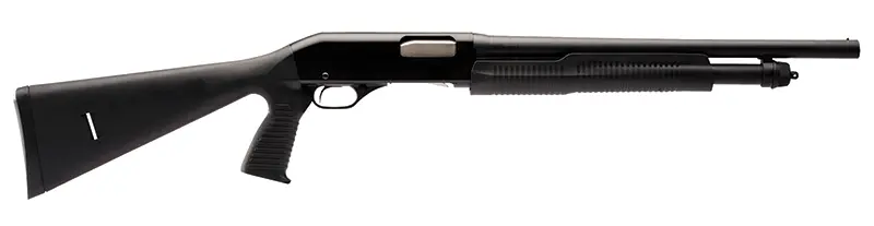 Black pump-action shotgun with pistol-grip stock