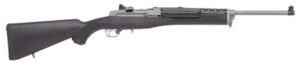 Black semi-automatic rifle with long barrel on white background
