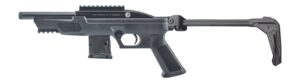 Black tactical rifle with folding stock on white background