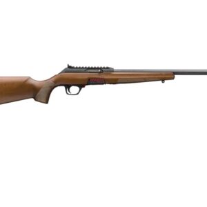 Wood-stock bolt-action rifle on white background