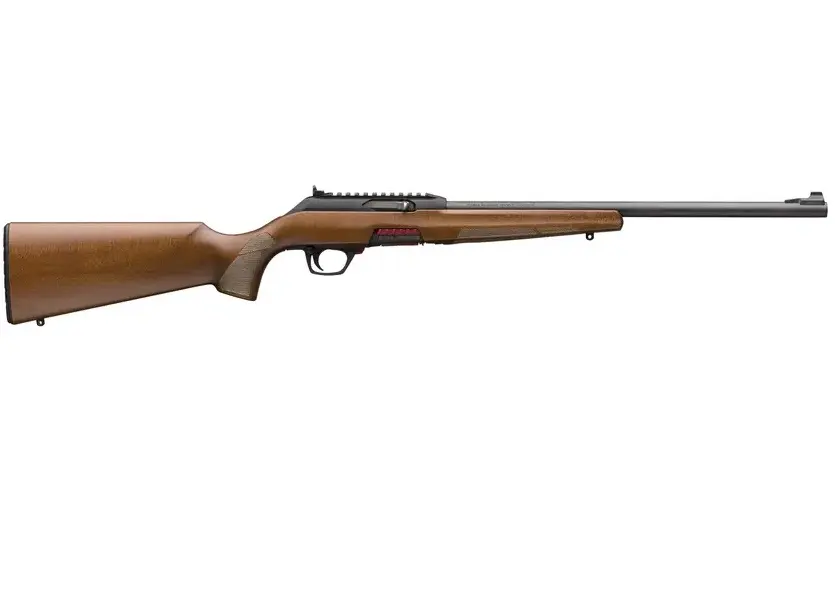Wood-stock bolt-action rifle on white background