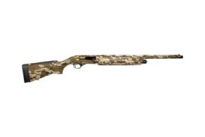 Camouflage-patterned semi-automatic hunting shotgun on white background