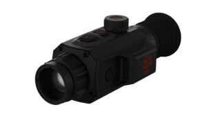 Black thermal monocular with lens, buttons, and adjustment dial
