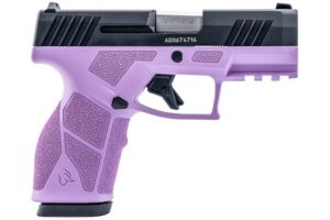 Purple and black semi-automatic handgun on white background