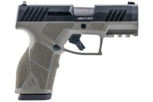 Gray semi-automatic handgun with black slide on white background