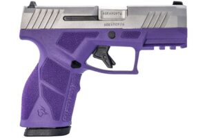Purple and silver semi-automatic pistol, side view
