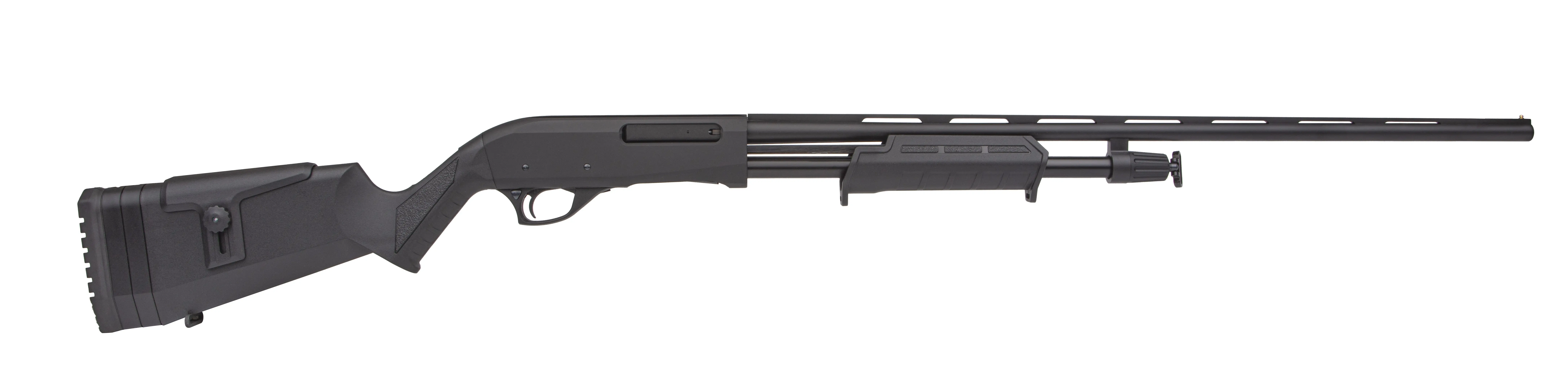 Stacked black tactical rifles on white background
