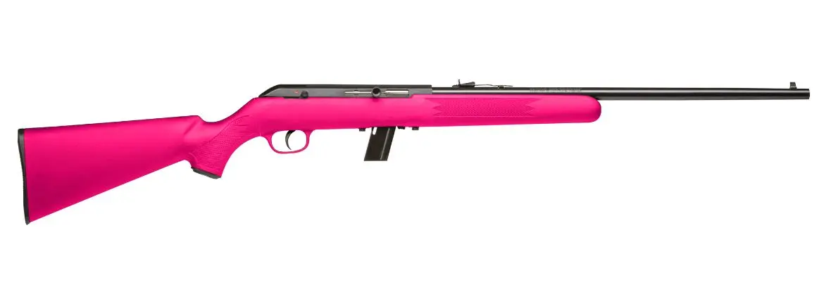 Bright pink bolt-action rifle on a white background