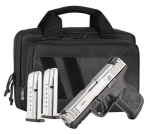 Two-tone semi-automatic pistol, magazines, and black carrying case
